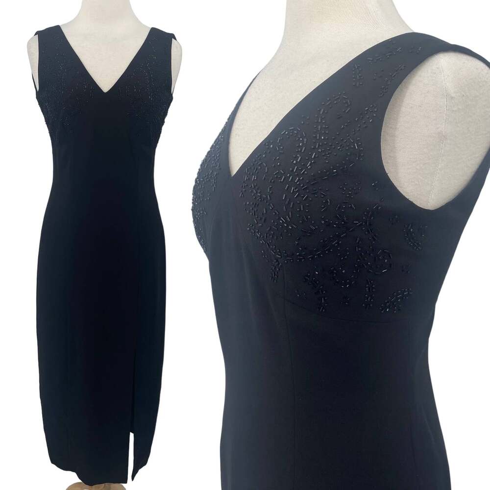 Vintage Beaded Bodice Midi Dress Slinky Sheath Sleeveless V- Neck Black Womens 6